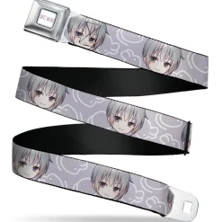 FRUITS BASKET Title Logo Full Color White/Purple Seatbelt Belt - Fruits Basket Chibi Yuki Soma Face and Kimono Rat Icon Gray/White Webbing