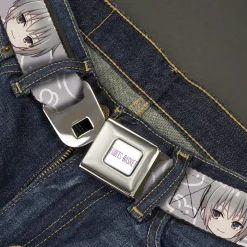 FRUITS BASKET Title Logo Full Color White/Purple Seatbelt Belt - Fruits Basket Chibi Yuki Soma Face and Kimono Rat Icon Gray/White Webbing