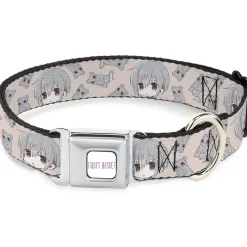 FRUITS BASKET Title Logo Full Color White/Purple Seatbelt Buckle Collar - Fruits Basket Chibi Yuki Soma and Rat Scattered Beige/Gray