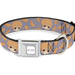 FRUITS BASKET Title Logo Full Color White/Purple Seatbelt Buckle Collar - Fruits Basket Chibi Kyo Soma and Cat Scattered Blue/Orange