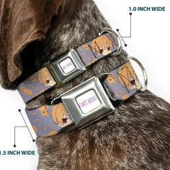 FRUITS BASKET Title Logo Full Color White/Purple Seatbelt Buckle Collar - Fruits Basket Chibi Kyo Soma and Cat Scattered Blue/Orange