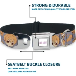 FRUITS BASKET Title Logo Full Color White/Purple Seatbelt Buckle Collar - Fruits Basket Chibi Kyo Soma and Cat Scattered Blue/Orange