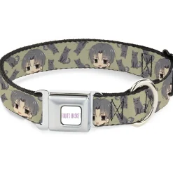 FRUITS BASKET Title Logo Full Color White/Purple Seatbelt Buckle Collar - Fruits Basket Chibi Shigure Soma and Dog Scattered Olive/Gray