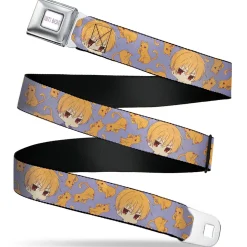 FRUITS BASKET Title Logo Full Color White/Purple Seatbelt Belt - Fruits Basket Chibi Kyo Soma and Cat Scattered Blue/Orange Webbing