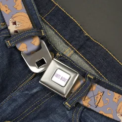 FRUITS BASKET Title Logo Full Color White/Purple Seatbelt Belt - Fruits Basket Chibi Kyo Soma and Cat Scattered Blue/Orange Webbing