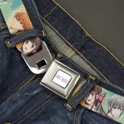 FRUITS BASKET Title Logo Full Color White/Purple Seatbelt Belt - Fruits Basket Kyo Tohru Yuki Group Pose Greens/Blues Webbing