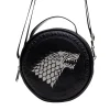 Game of Thrones Vegan Leather Round Crossbody Bag with Adjustable Straps, House of Stark Sigil Debossed and Filigree, Black