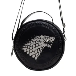 Game of Thrones Vegan Leather Round Crossbody Bag with Adjustable Straps, House of Stark Sigil Debossed and Filigree, Black