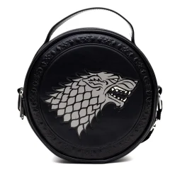 Game of Thrones Vegan Leather Round Crossbody Bag with Adjustable Straps, House of Stark Sigil Debossed and Filigree, Black