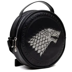 Game of Thrones Vegan Leather Round Crossbody Bag with Adjustable Straps, House of Stark Sigil Debossed and Filigree, Black
