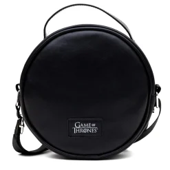 Game of Thrones Vegan Leather Round Crossbody Bag with Adjustable Straps, House of Stark Sigil Debossed and Filigree, Black