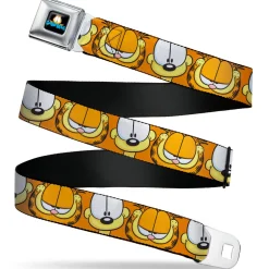 GARFIELD Pose Title Logo Full Color Black Seatbelt Belt - Garfield and Odie Faces Close-Up Orange Webbing