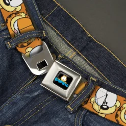 GARFIELD Pose Title Logo Full Color Black Seatbelt Belt - Garfield and Odie Faces Close-Up Orange Webbing