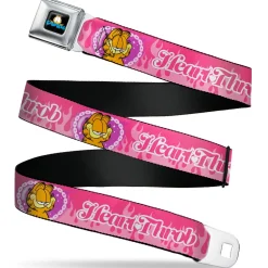 Garfield Smiling Face and Text Logo Full Color Black Seatbelt Belt - Garfield HEART THROB Flames Pose Valentine Pinks Webbing