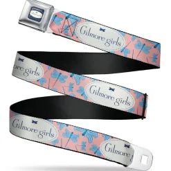 GILMORE GIRLS Title Logo Full Color Blue/White Seatbelt Belt - GILMORE GIRLS Title Logo and Dragon Flies Scattered Pink/White/Blues Webbing