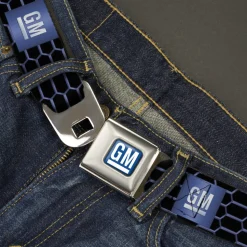 GM Bug Logo Full Color Blue Gradient/White Seatbelt Belt - GM Bug Logo Honeycomb Grill Black/Blues/White Webbing