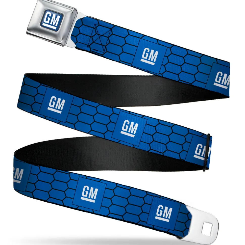 GM Bug Logo Full Color Blue Gradient/White Seatbelt Belt - GM Bug Logo Honeycomb Grill Blue/Black/White Webbing