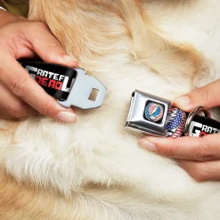 Grateful Dead Steal Your Face Stars and Stripes Logo Full Color Black/White/Red/Blue Seatbelt Buckle Collar - GRATEFUL DEAD Text with Steal Your Face Stars and Stripes Logo Black/White/Red/Blue