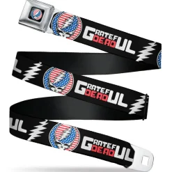 Grateful Dead Steal Your Face Stars and Stripes Logo Full Color Black/White/Red/Blue Seatbelt Belt - GRATEFUL DEAD Text with Steal Your Face Stars and Stripes Logo Black/White/Red/Blue Webbing