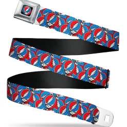Grateful Dead Steal Your Face Logo Full Color Black/Red/White/Blue Seatbelt Belt - Grateful Dead Steal Your Face Logo Stacked Red/White/Blue Webbing