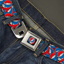 Grateful Dead Steal Your Face Logo Full Color Black/Red/White/Blue Seatbelt Belt - Grateful Dead Steal Your Face Logo Stacked Red/White/Blue Webbing