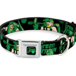 GREEN ARROW Logo Full Color Black Green Seatbelt Buckle Collar - GREEN ARROW Action Poses/Targets Black/Greens