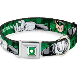 Green Lantern Logo CLOSE-UP White Green Seatbelt Buckle Collar - Green Lantern Green Glow w/Text