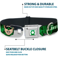 Green Lantern Logo CLOSE-UP White Green Seatbelt Buckle Collar - Green Lantern Green Glow w/Text
