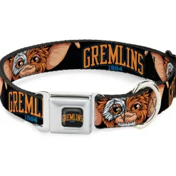 GREMLINS 1984 Title Logo Full Color Black/Blue/Orange Seatbelt Buckle Collar - GREMLINS 1984 Gizmo Face Close-Up Black