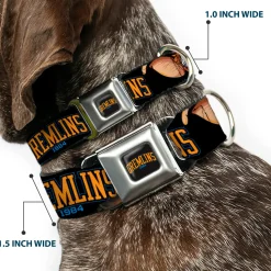 GREMLINS 1984 Title Logo Full Color Black/Blue/Orange Seatbelt Buckle Collar - GREMLINS 1984 Gizmo Face Close-Up Black