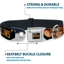 GREMLINS 1984 Title Logo Full Color Black/Blue/Orange Seatbelt Buckle Collar - GREMLINS 1984 Gizmo Face Close-Up Black