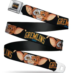 GREMLINS 1984 Title Logo Full Color Black/Blue/Orange Seatbelt Belt - GREMLINS 1984 Gizmo Face Close-Up Black Webbing