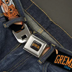 GREMLINS 1984 Title Logo Full Color Black/Blue/Orange Seatbelt Belt - GREMLINS 1984 Gizmo Face Close-Up Black Webbing