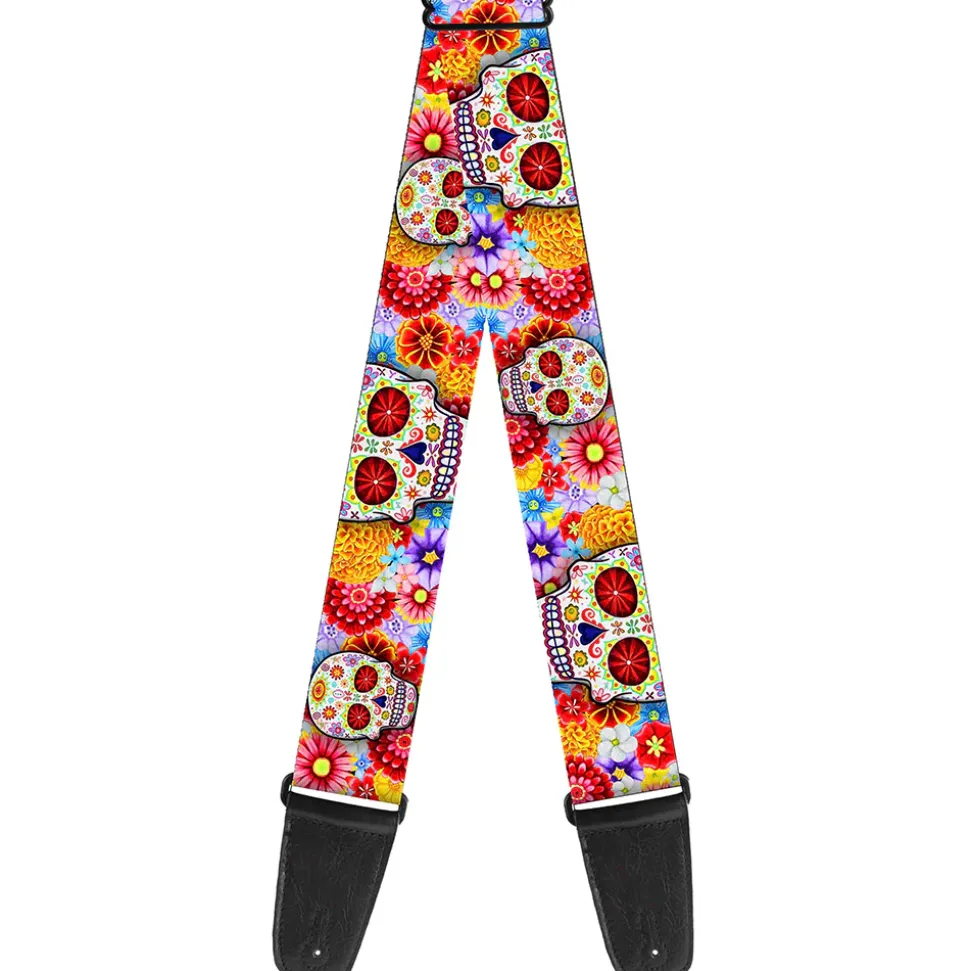 Guitar Strap - Sugar Skull Starburst White Multi Color