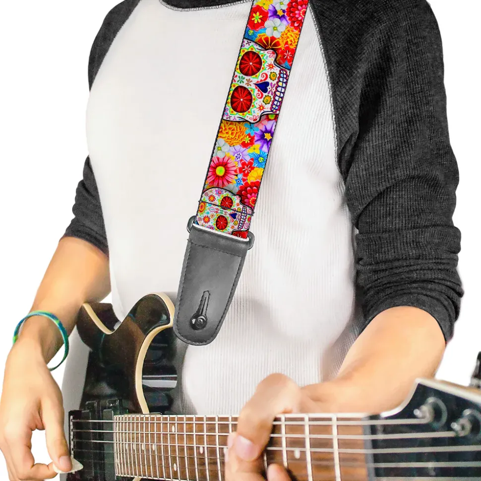 Guitar Strap - Sugar Skull Starburst White Multi Color