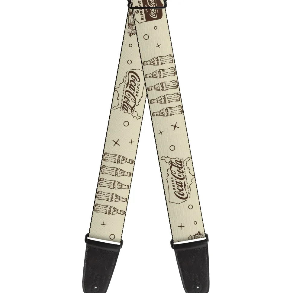 Guitar Strap - Vintage Coca-Cola Coke Icons and Ad Logos White/Brown