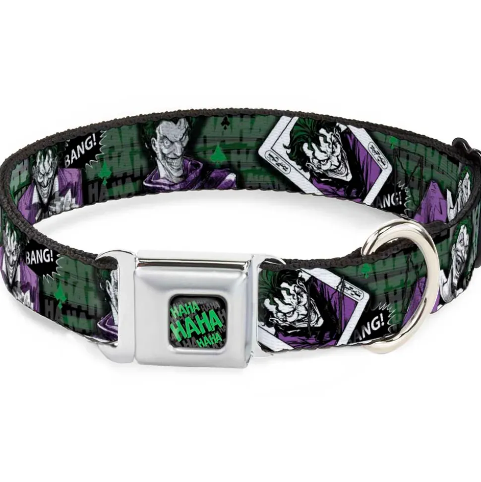 HAHA Stacked Full Color Black/Gray/Green Seatbelt Buckle Collar - The Joker 4-Poses/Joker Card HAHA/Smile/BANG! Grays/Greens/Purples