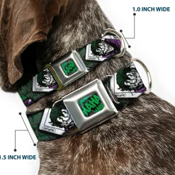 HAHA Stacked Full Color Black/Gray/Green Seatbelt Buckle Collar - The Joker 4-Poses/Joker Card HAHA/Smile/BANG! Grays/Greens/Purples