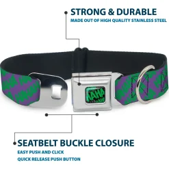 HAHA Stacked Full Color Black/Gray/Green Seatbelt Buckle Collar - Joker HAHAHA Purple/Green