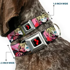 Harley Quinn Diamon Full Color Black/Red Seatbelt Buckle Collar - Harley Quinn Puddin Poses Anime Graphics Pink/Red