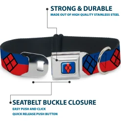 Harley Quinn Diamond Full Color Blue/Black/Red Seatbelt Buckle Collar - Harley Quinn Diamond/Stripe Red/Blue