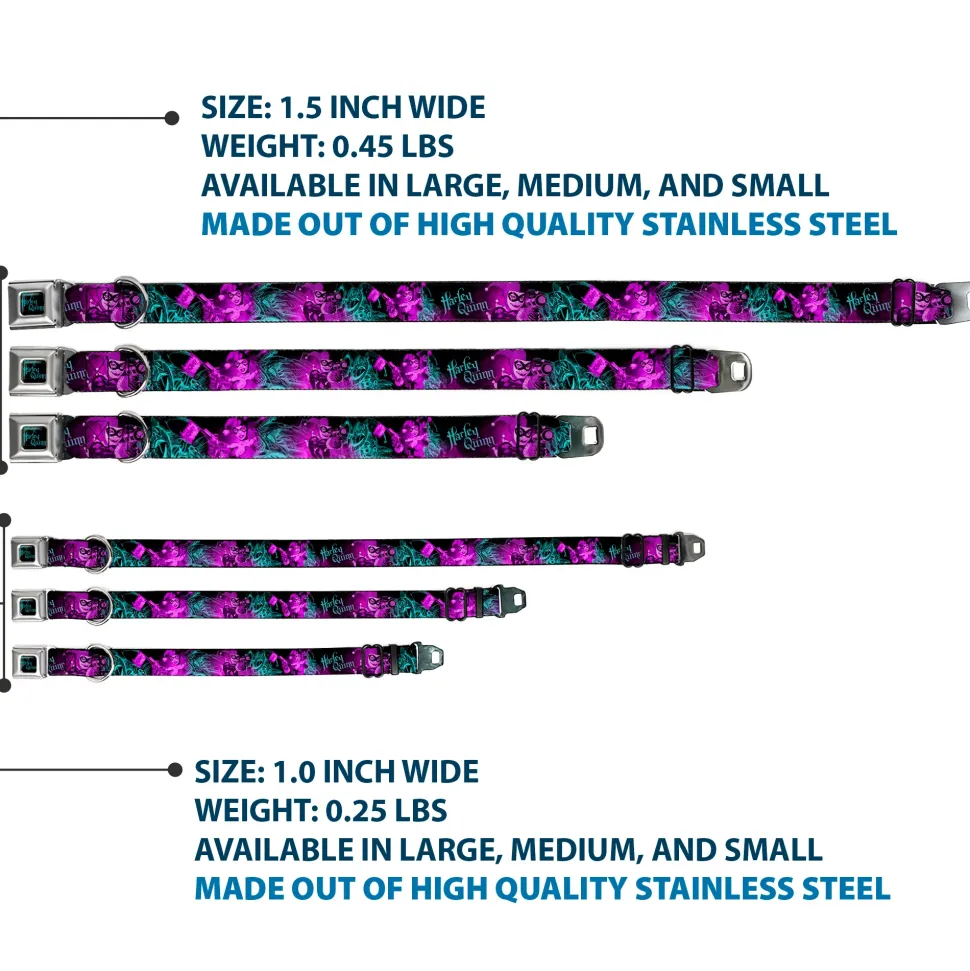 HARLEY QUINN Full Color Black Turquoise Seatbelt Buckle Collar - HARLEY QUINN Pow & Aiming Poses/Joker Sketch Black/Turquoise/Fuchsia