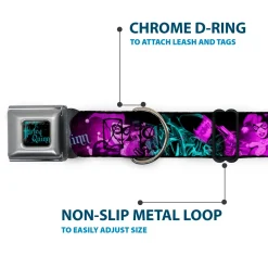 HARLEY QUINN Full Color Black Turquoise Seatbelt Buckle Collar - HARLEY QUINN Pow & Aiming Poses/Joker Sketch Black/Turquoise/Fuchsia