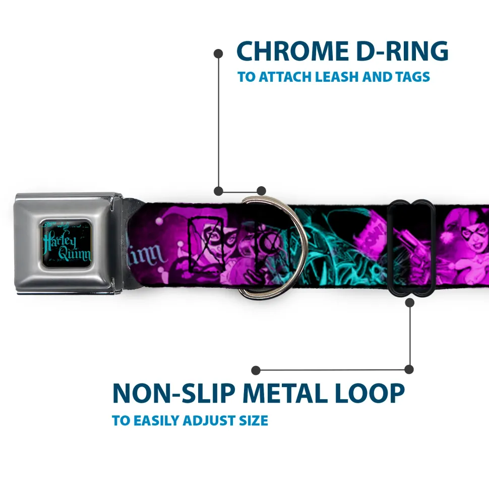 HARLEY QUINN Full Color Black Turquoise Seatbelt Buckle Collar - HARLEY QUINN Pow & Aiming Poses/Joker Sketch Black/Turquoise/Fuchsia