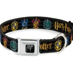 Harry Potter Logo Full Color Black/White Seatbelt Buckle Collar - HARRY POTTER Hufflepuff/Ravenclaw/Gryffindor/Slytherin Coat of Arms Black