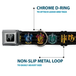 Harry Potter Logo Full Color Black/White Seatbelt Buckle Collar - HARRY POTTER Hufflepuff/Ravenclaw/Gryffindor/Slytherin Coat of Arms Black