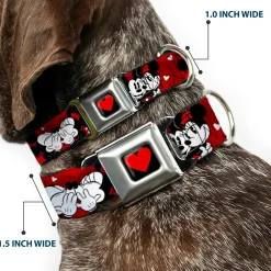 Heart Full Color Black/Red Seatbelt Buckle Collar - Mickey & Minnie HUGS & KISSES Poses Reds/White