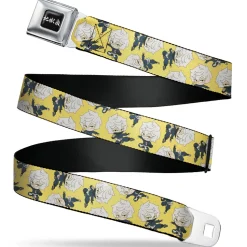 Hell's Paradise Kanji Title Logo Full Color Black/White Seatbelt Belt - Hell's Paradise Chibi Gabimaru Poses Scattered Yellow Webbing