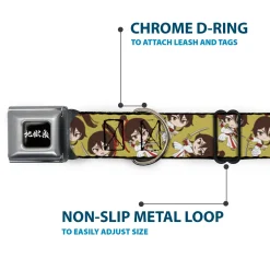 Hell's Paradise Kanji Title Logo Full Color Black/White Seatbelt Buckle Collar - Hell's Paradise Chibi Sagiri Sword Poses Scattered Golden Yellow