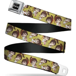 Hell's Paradise Kanji Title Logo Full Color Black/White Seatbelt Belt - Hell's Paradise Chibi Sagiri Sword Poses Scattered Golden Yellow Webbing